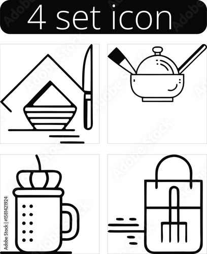Four simple line art icons representing food and drink preparation and serving