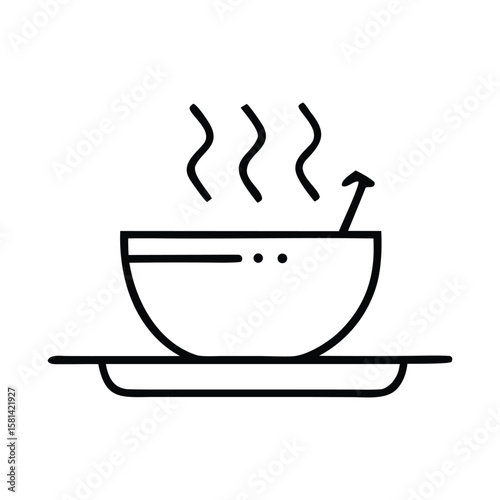 Simple line art icon of a steaming bowl of soup with a spoon