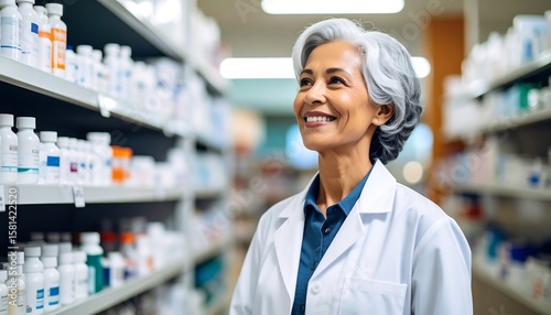 Pharmacist in a pharmacy aisle.  Smiling, looking up