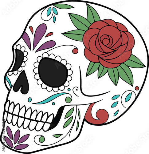 "Vibrant turquoise sugar skull with floral details and folk art charm—perfect for festive decor or print. Download now and bring a lively splash of culture to your designs!"