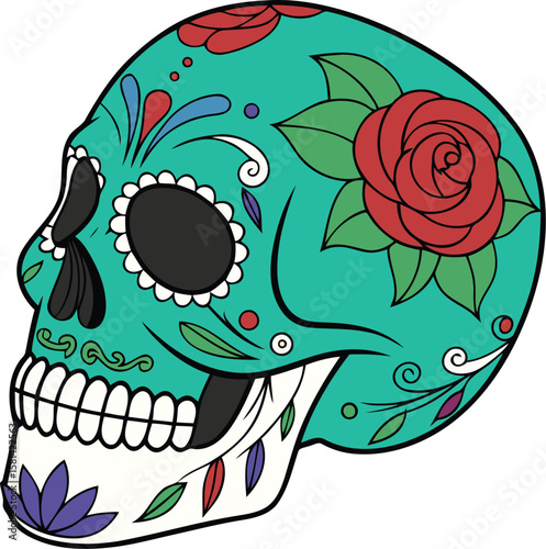 "Vibrant turquoise sugar skull with floral details and folk art charm—perfect for festive decor or print. Download now and bring a lively splash of culture to your designs!"