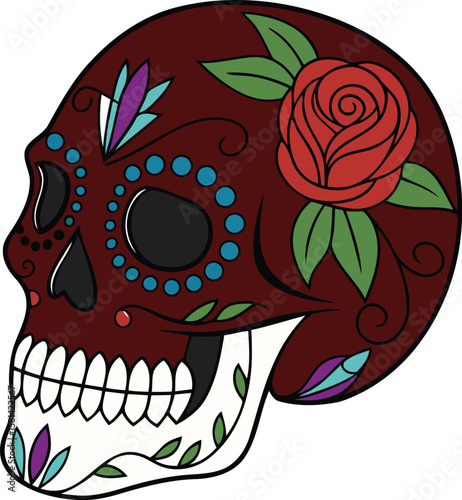 "Elegant sugar skull with floral accents and deep red tones—ideal for Day of the Dead art and festive decor. Download now to bring bold tradition and beauty to your design!"