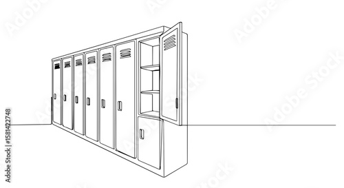 School lockers in a row with one door open in simple line art  