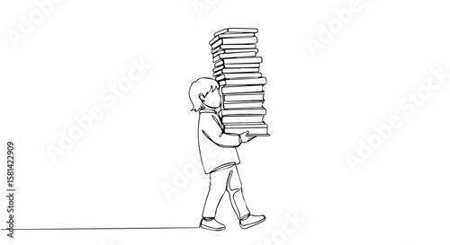 Child carrying a tall stack of books while walking on white background  