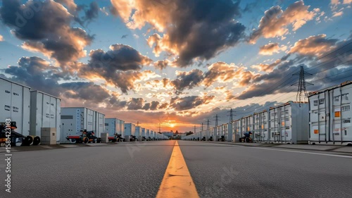 Large battery storage facility beneath a vivid sunset sky, representing advanced sustainable energy solutions. Modern infrastructure blending technology and environment. Caption space on the side.

