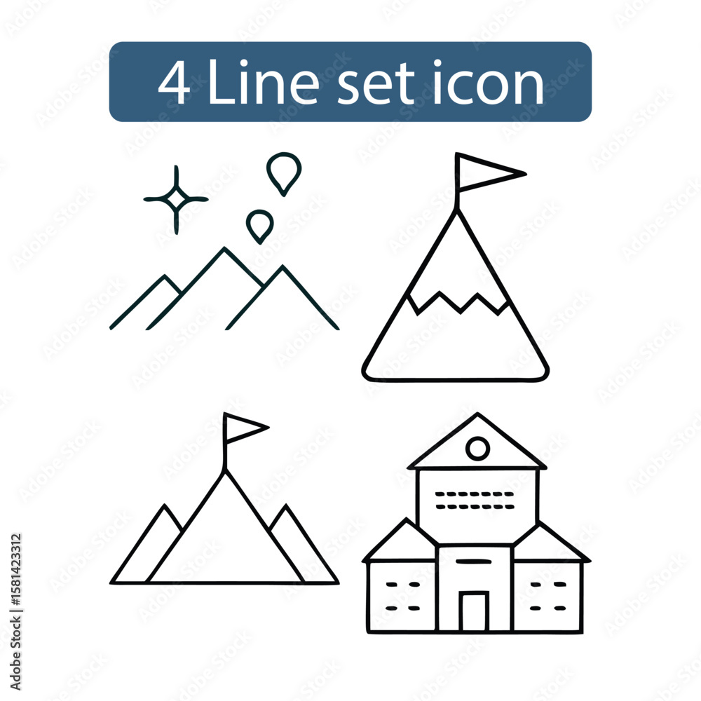 Fototapeta premium Set of four simple line art icons representing mountains achievement and a building
