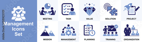 Modern Business Management Vector Icons Set for Project, Mission, Solution, Value, Planning, Meeting, Task, Training