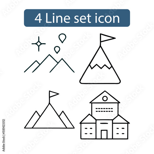 Set of four simple line art icons representing mountains achievement and a building