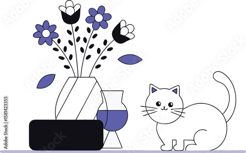 A charming ginger feline playfully topples a decorative vase brimming with vibrant blossoms creating a delightful scene of domestic mischief and floral disarray