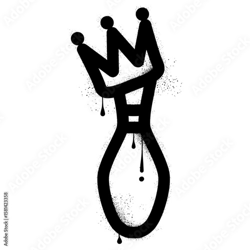 Bowling pin with crown with black spray paint graffiti