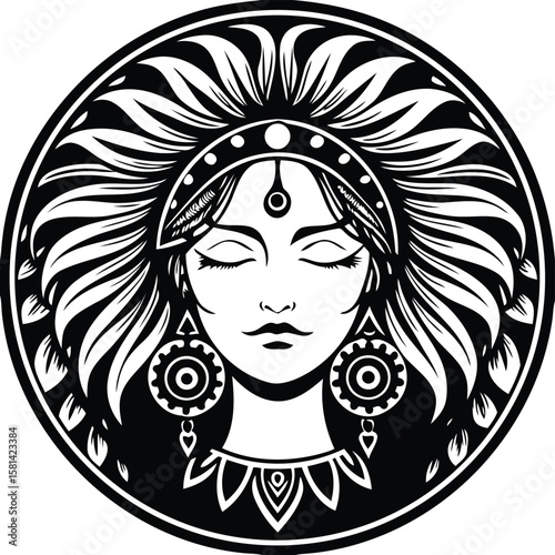 This stunning tribal goddess vector in EPS format radiates power and mystique. Add soulful elegance to your art—download this divine creation and elevate your design today! Thank you.