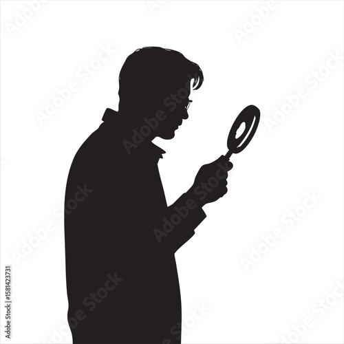 Person with Magnifying Glass Silhouette Black and White  
