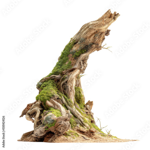 weathered tree stump with exposed roots and cracked bark isolated on transparent background