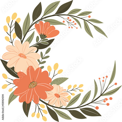 Elegant floral crescent vector with peach blooms and leafy accents. Ideal for cards, decor, and crafts. Bring natural beauty to your designs—download this lovely art today! Thank you.