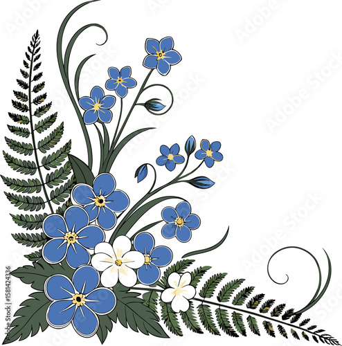 This stunning EPS vector features graceful blue and white wildflowers with lush fern leaves—ideal for invitations, decor, and prints. Embrace nature’s charm—download this beauty today! Thank you.