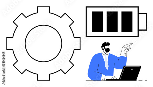 Gear and battery icons accompany a businessman in a blue suit working on a laptop, pointing to emphasize productivity, efficiency, process management, and energy. Ideal for teamwork, innovation