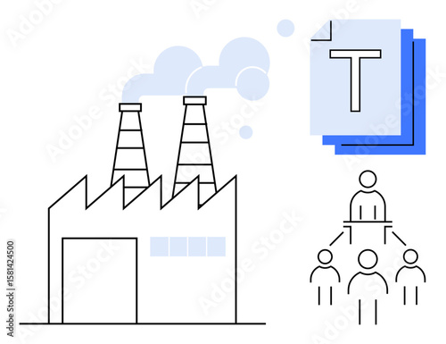 Factory emitting smoke, document icon, hierarchical team structure. Ideal for industry, organization, teamwork, productivity, processes, innovation simple landing page