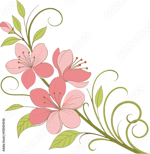 Elegant EPS vector of soft pink blossoms with green swirling vines—perfect for invitations, crafts, and decor. Download now to bring natural charm and floral beauty to your next project! 🌸