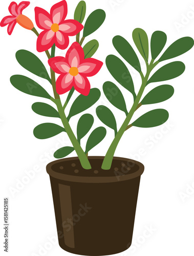 EPS vector illustration of a potted flowering plant with vibrant pink blossoms and lush green leaves. Perfect for nature-themed designs. Add a floral charm to your work—download now! 🌸