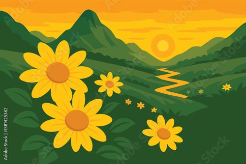 Beautiful EPS vector of a sunflower valley at sunset—perfect for nature prints, backgrounds & posters. Download now and let this golden view brighten your next creative project! 🌻🌄