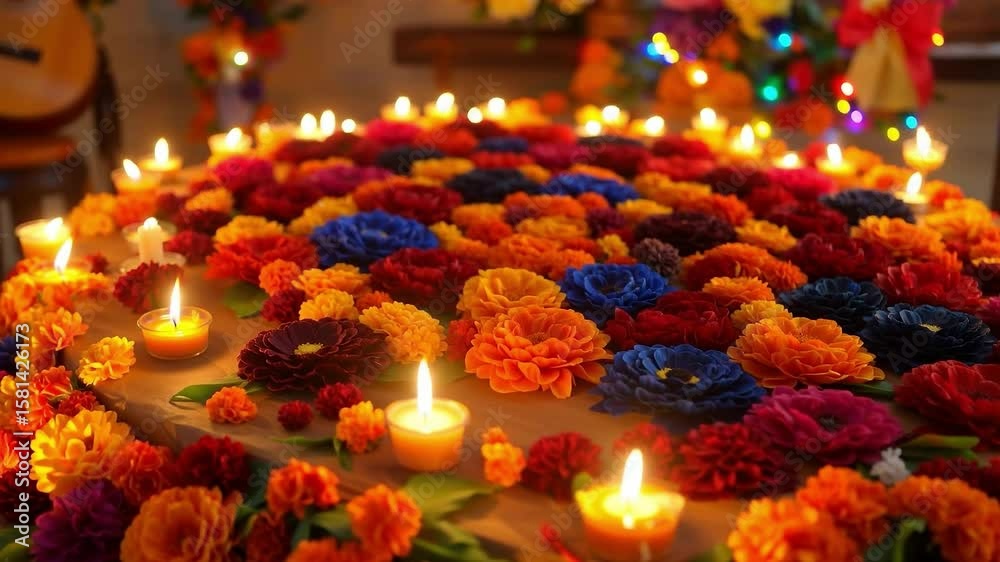 Colorful marigold and paper flowers arranged in circular pattern with candles on altar surface. Studio still life photography. Day of the Dead celebration. Mexican remembrance and floral decoration