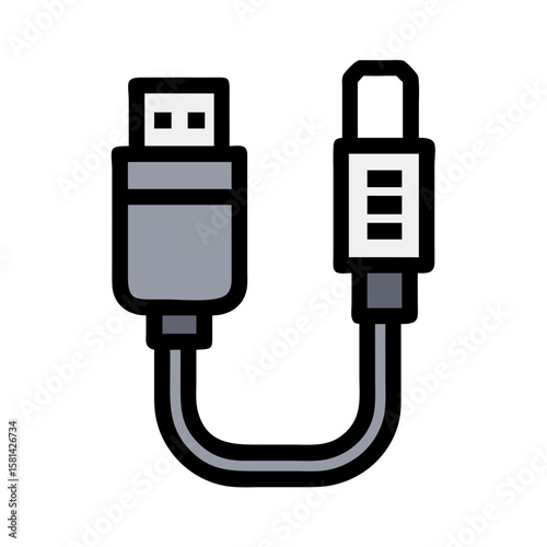 USB cable connection, data transfer, device connectivity, flat design icon.