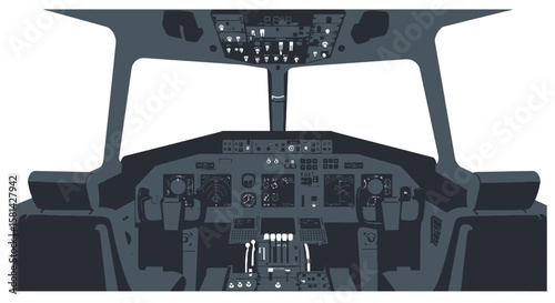 Detailed Airplane Cockpit Illustration with Instruments and Controls in Gray Tones.