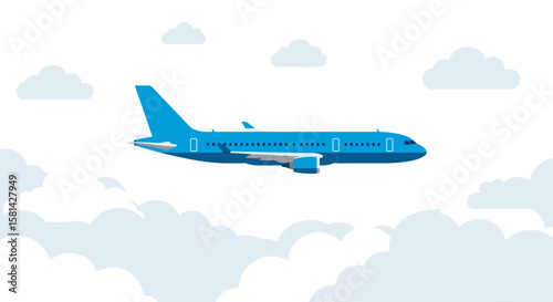 Blue Airplane Flying Through Clouds Commercial Aviation Air Travel.