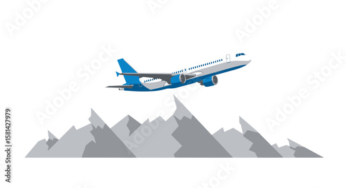 Blue and White Airplane Ascending Vector Illustration Commercial Aviation.