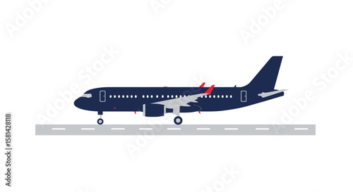 Dark Blue Passenger Airplane on Runway with Red Accents Flat Vector Illustration.