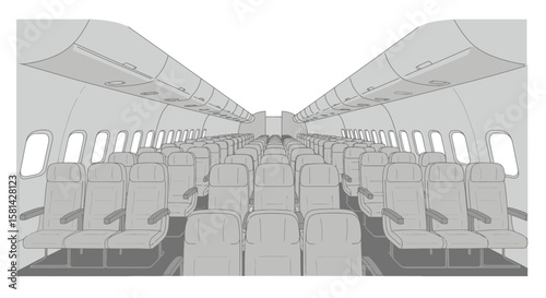 Airplane Interior with Rows of Seats and Overhead Compartments Illustration.