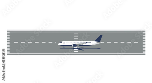 White and Blue Airplane on Runway Ready for Takeoff Vector Illustration.