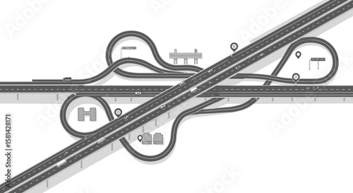 Complex Gray Highway Interchange with Multiple Overpasses and Road Signs Illustration.