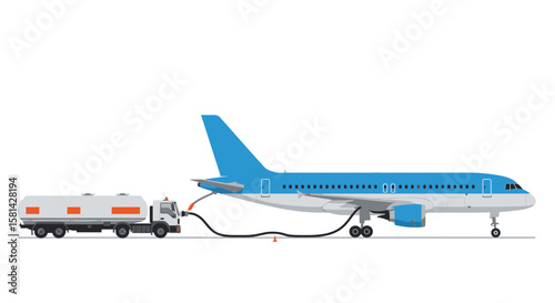 Blue and White Passenger Airplane Refueling with a Tanker Truck.