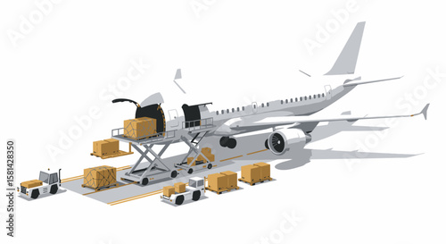 Cargo Plane Unloading Boxes with Ground Support Equipment Illustration.