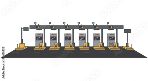 Cartoon Toll Plaza with Multiple Lanes and Payment Booths on a Road.