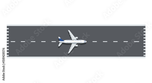 Top-Down View of a White and Blue Airplane on a Runway.