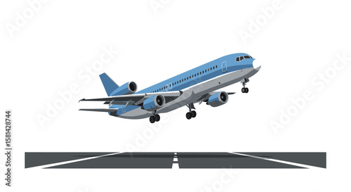 Blue and White Commercial Airplane Taking Off from Runway.
