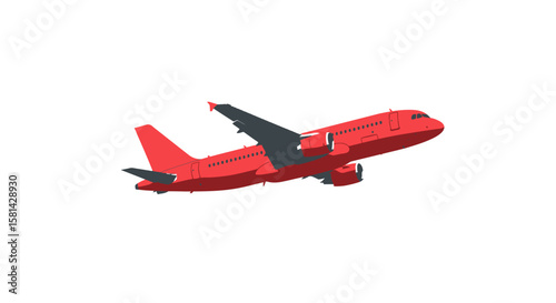 Red Passenger Airplane Ascending with Dark Gray Wings and Tail Fins.