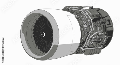 Detailed Illustration of a Turbofan Jet Engine with Visible Internal Components.