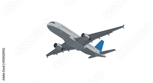 Gray Passenger Airplane Ascending with Blue Tail Fins and Winglets.