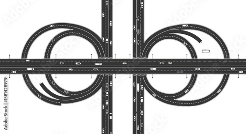 Overhead View of a Complex Highway Interchange with Multiple Lanes and Vehicles.