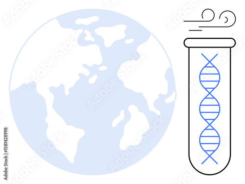 DNA strand inside test tube with Earth map emphasizes global biotechnology, genetics, and nature. Ideal for science, innovation, sustainability, environment, research, biology genetic modification