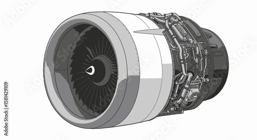 Detailed Illustration of a Turbofan Engine with Visible Internal Components.
