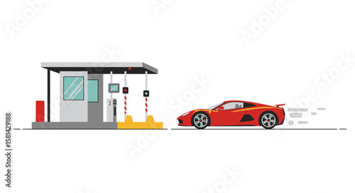 Sleek Red Sports Car Speeding Past a Toll Booth Illustration.