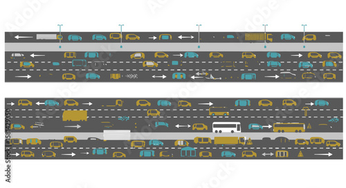 Stylized Road Traffic Illustration with Cars Trucks Buses and Arrows on Asphalt.