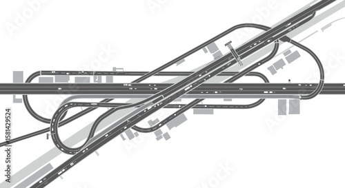 Complex Gray Highway Interchange with Multiple Lanes and Vehicles Aerial View.