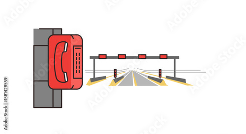 Red Emergency Roadside Phone on Gray Concrete Wall with Highway View.