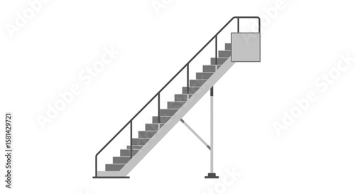 Elevated Gray Staircase with Black Railing and Landing Platform Illustration.