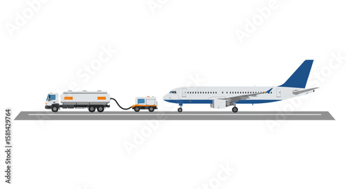 Airplane Refueling with Fuel Truck and Dispenser on Runway.